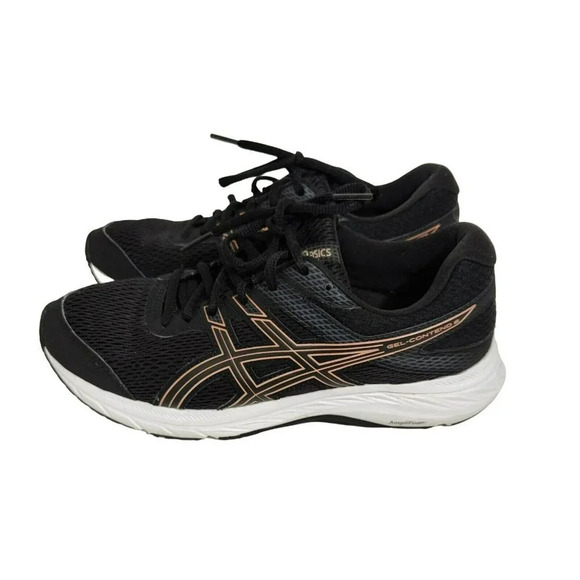 Asics Contend 6 Sneakers Women Size 9 Black Rose Gold Everyday Comfort 1012A570 - Picture 2 of 9